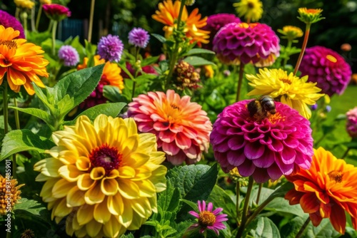 Wallpaper Mural Vibrant flowers in shades of yellow, orange, pink, and purple bloom in a lush backyard garden, attracting busy bees and butterflies in warm sunlight. Torontodigital.ca