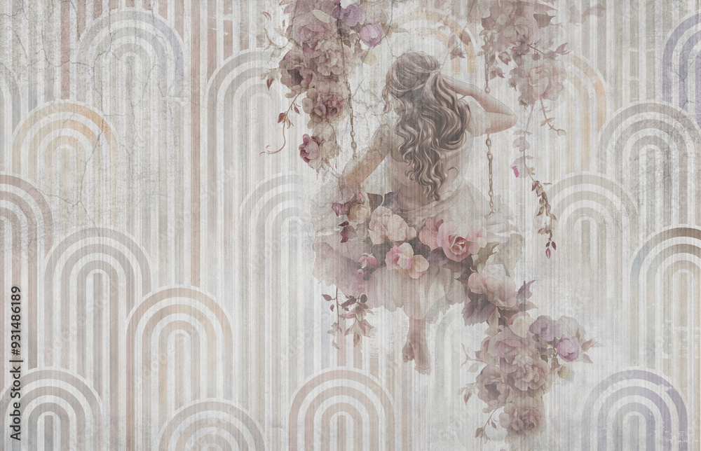 custom made wallpaper toronto digitalBeautiful woman with flowers on swings. Art deco elements in the background. Illustration can be used for wallpaper, card, poster, decoration.