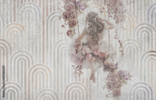 Wallpaper Mural Beautiful woman with flowers on swings. Art deco elements in the background. Illustration can be used for wallpaper, card, poster, decoration. Torontodigital.ca