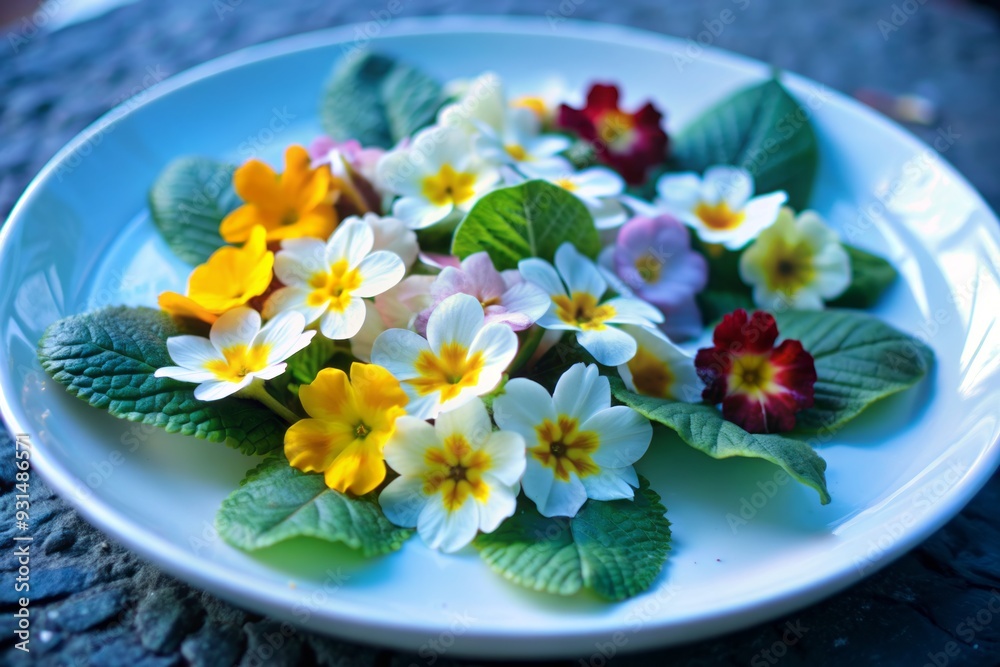 Delicate, edible primrose flowers arranged artfully on a plain white plate, with a few fresh green leaves, against a soft, blurred, natural background. Delicate, edible primrose flowers arranged artfully on a plain white plate, with a few fresh green leaves, against a soft, blurred, natural background.