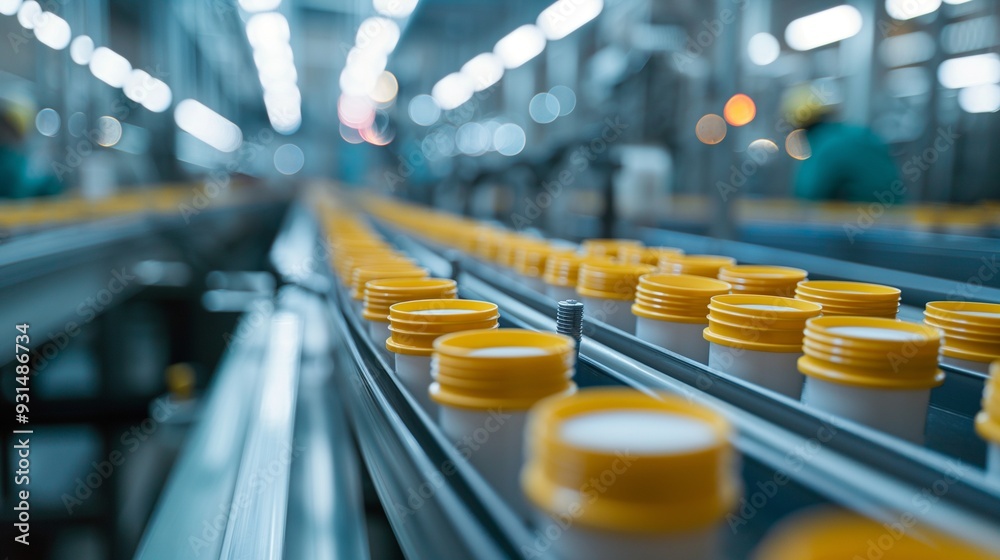 Fototapeta premium Cosmetics factory, production line, industrial. Plastic bottle moving on conveyor belt