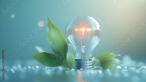 Nurturing Ideas into Growth 3D Rendered Light Bulb with Leaf and Water Droplet