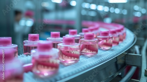 Wallpaper Mural Cosmetics factory, production line, industrial. Plastic bottle moving on conveyor belt Torontodigital.ca