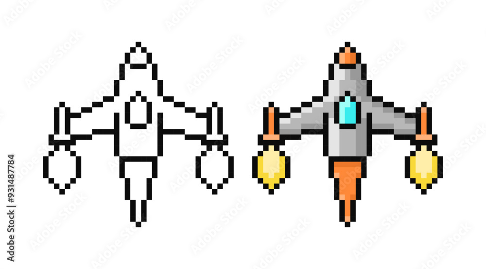 Obraz premium Pixel Art Spaceship. Game rocket in retro style. Vector illustration