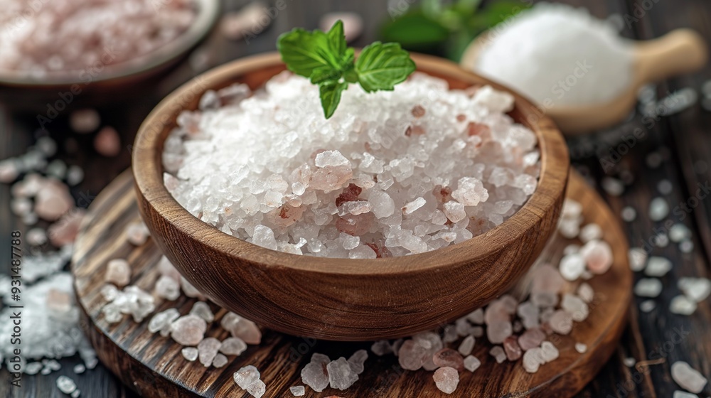 Coarse Sea salt on wooden plate, Sea salt, Epsom salt, Himalayan salt, bath salt ingredients Coarse Sea salt on wooden plate, Sea salt, Epsom salt, Himalayan salt, bath salt ingredients