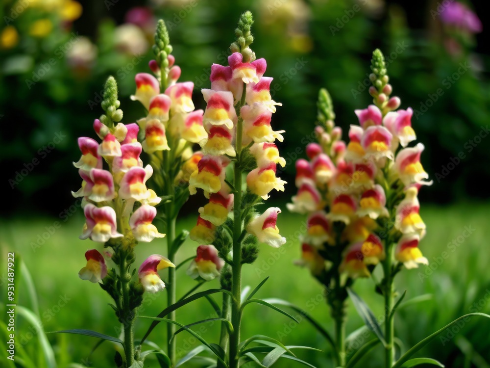 Delicate paper quilled snapdragon blooms with tall spikes of pink and yellow flowers against a crystal-clear background, showcasing its unique shape and elegant beauty. Delicate paper quilled snapdragon blooms with tall spikes of pink and yellow flowers against a crystal-clear background, showcasing its unique shape and elegant beauty.