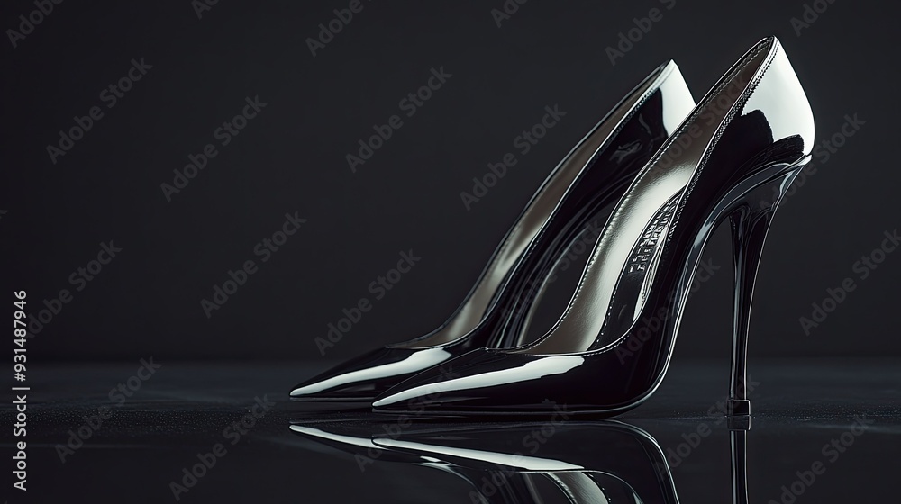 A pair of high heels, glossy finish and sharp lines, contrasting with a dark background A pair of high heels, glossy finish and sharp lines, contrasting with a dark background