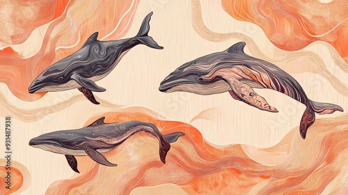 Whales in flowing, abstract designs on a light coral background