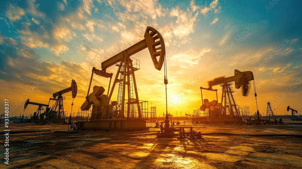 A scene of oil pumps under a bright sky, symbolizing the energy industry, digital drilling, and economic challenges. A scene of oil pumps under a bright sky, symbolizing the energy industry, digital drilling, and economic challenges.