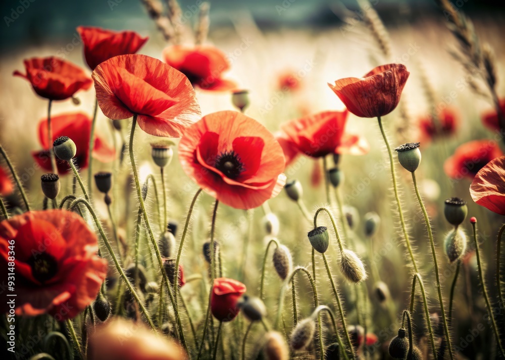 Fototapeta premium Vibrant red poppies bloom in a serene wild field, basking in soft warm light, featuring creative toning and rich dark processing, ideal for a floral background with ample copy space.