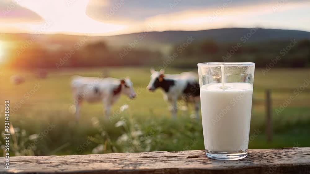 Glass of Milk in a Pastoral Setting: A glass of fresh milk sits on a wooden railing against a backdrop of rolling hills, a sunset sky, and two cows grazing peacefully in a field, evoking images of rur Glass of Milk in a Pastoral Setting: A glass of fresh milk sits on a wooden railing against a backdrop of rolling hills, a sunset sky, and two cows grazing peacefully in a field, evoking images of rur