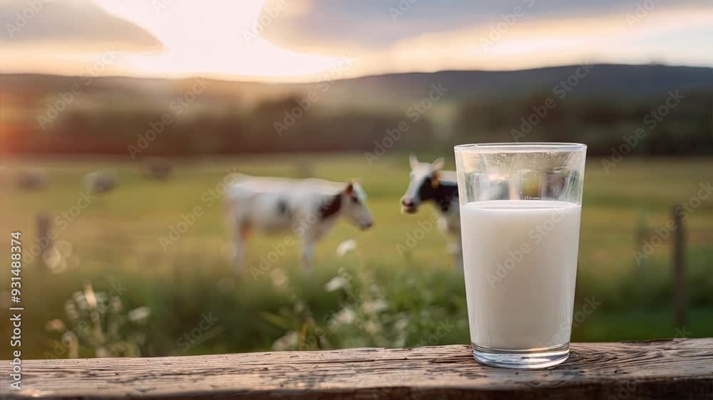 Glass of Milk with Cows in a Pastoral Setting: A refreshing glass of milk stands against a rustic wooden railing, with a herd of cows grazing in a lush green pasture in the background. The warm glow o Glass of Milk with Cows in a Pastoral Setting: A refreshing glass of milk stands against a rustic wooden railing, with a herd of cows grazing in a lush green pasture in the background. The warm glow o