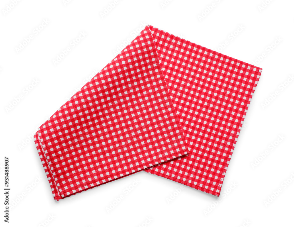 Red checkered picnic tablecloth isolated on white, top view Red checkered picnic tablecloth isolated on white, top view
