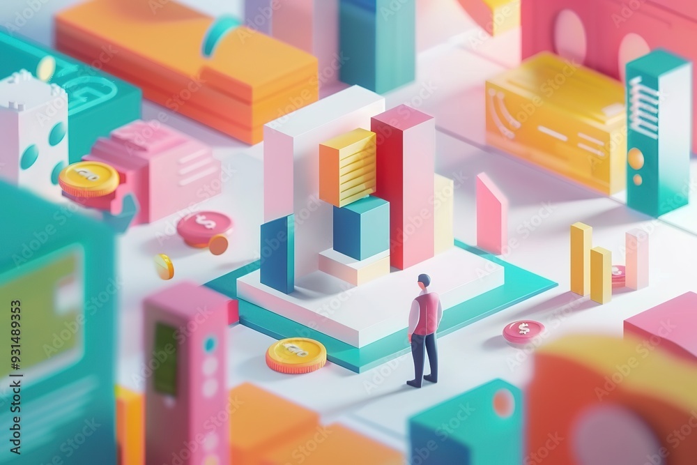 3D characters with charts and coins 3D characters with charts and coins