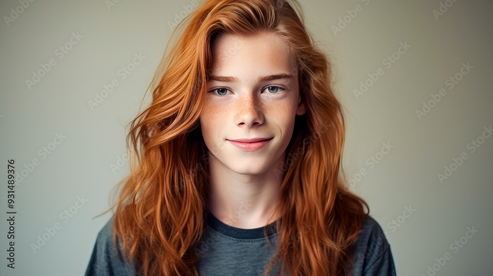 Portrait of a happy smiling red-haired, long haired confident teenage guy with perfect skin, brown background, banner. Portrait of a happy smiling red-haired, long haired confident teenage guy with perfect skin, brown background, banner.