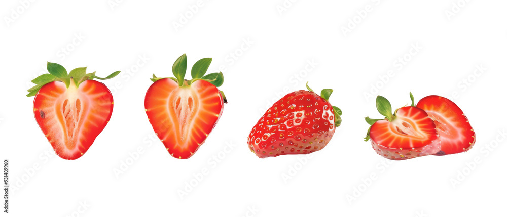 A series of strawberries, both whole and sliced, showcasing their vibrant colors and textures. A series of strawberries, both whole and sliced, showcasing their vibrant colors and textures.