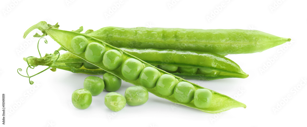 Green fresh peas and pods isolated on white Green fresh peas and pods isolated on white