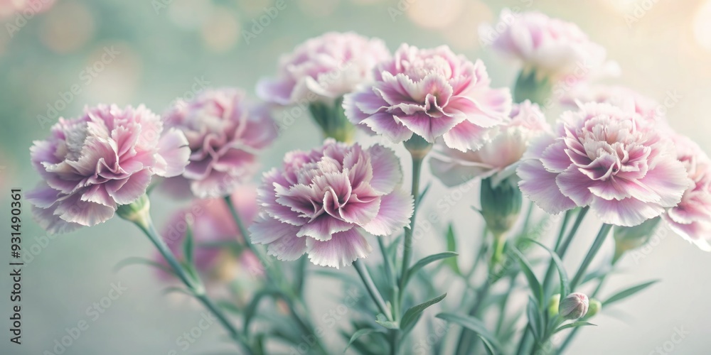 Delicate violet carnations with ruffled petals and slender stems contrast beautifully against a soft, serene pastel pink background, creating a dreamy floral arrangement. Delicate violet carnations with ruffled petals and slender stems contrast beautifully against a soft, serene pastel pink background, creating a dreamy floral arrangement.