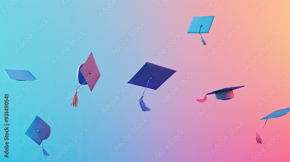 Caps tossed in the air, minimalist style with gradient backdrop, symbolic of academic success and new beginnings Caps tossed in the air, minimalist style with gradient backdrop, symbolic of academic success and new beginnings