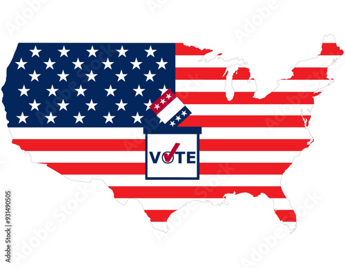Flying vote paper put in election box with America flag in map. concept for USA election vote theme background.