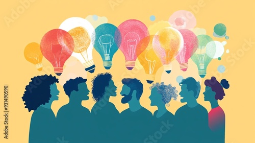 A group of diverse individuals collaborating on a fundraising event, sharing ideas and strategies, with a light solid color background