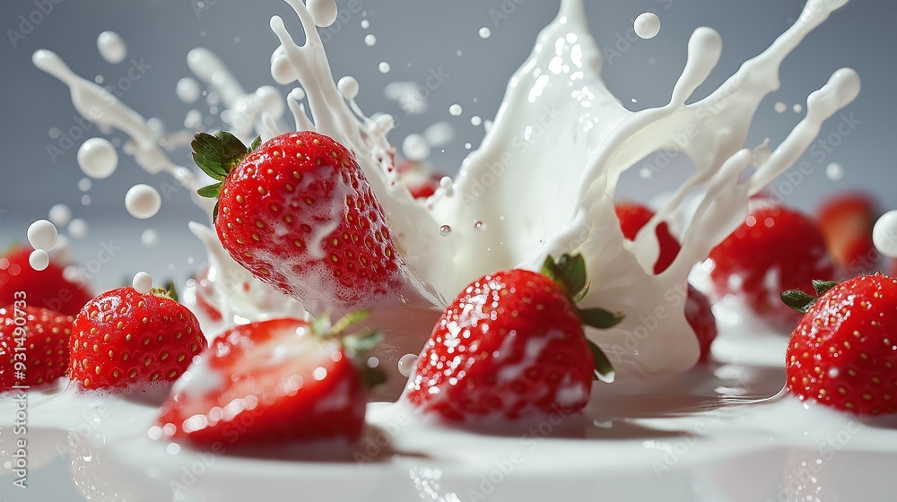 Strawberry falling into milk splash, dynamic health food Strawberry falling into milk splash, dynamic health food