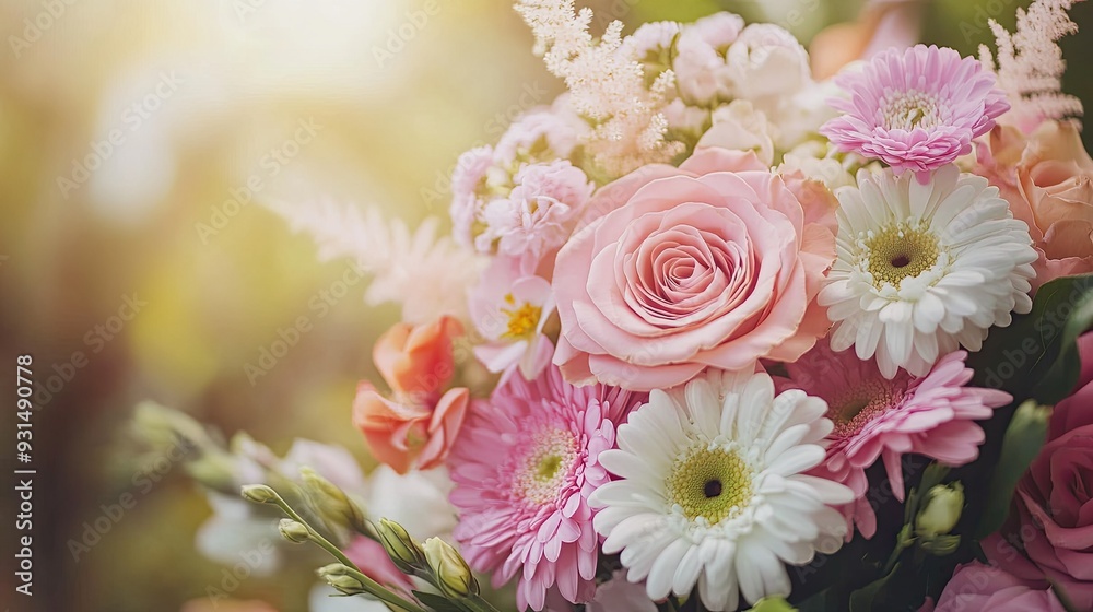 Close-up of a bouquet of wedding flowers, gentle light gradient in the background emphasizing delicate textures and colors Close-up of a bouquet of wedding flowers, gentle light gradient in the background emphasizing delicate textures and colors
