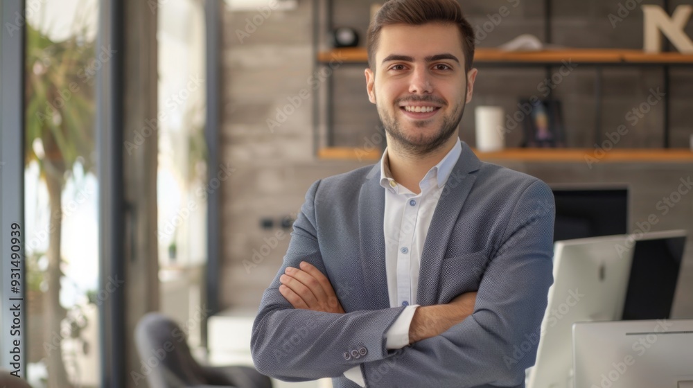 Smiling handsome businessman with crossed arms in modern office, young man exuding confidence, business success concept. Smiling handsome businessman with crossed arms in modern office, young man exuding confidence, business success concept.