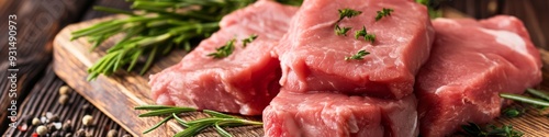 A pile of meat on a wooden cutting board with herbs on top. The meat is cut into small pieces and is ready to be cooked