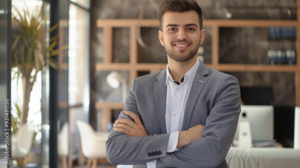 Obraz premium Smiling handsome businessman with crossed arms in modern office, young man exuding confidence, business success concept.