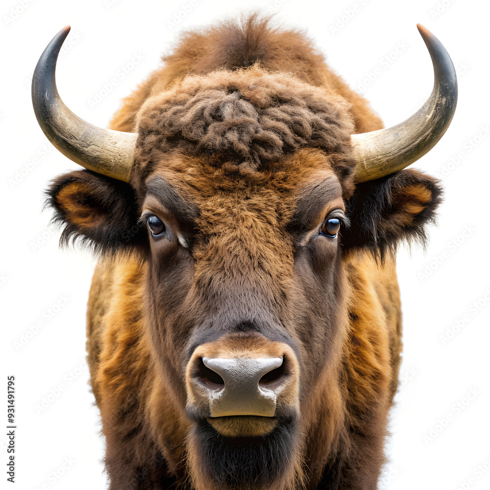 Bison head photo, white solid isolated background Bison head photo, white solid isolated background