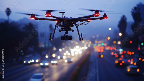 High-tech AI-enhanced traffic enforcement system using drones and sensors, featuring advanced surveillance technology, real-time data processing, and intelligent algorithms to monitor and enforce traf photo