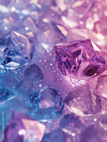 A pastel-colored background with lilac, chambray blue, and peach fuzz, highlighted by glitter and sparkly diamonds for a dreamy aesthetic photo