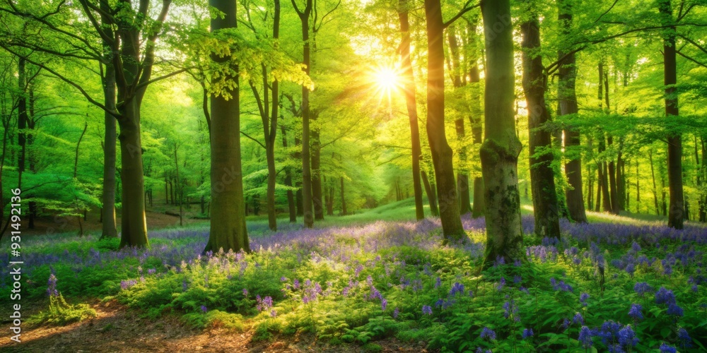 Obraz premium Serene sunlit forest landscape featuring a vibrant bluebell carpet stretching towards the horizon beneath a canopy of lush green trees in warm morning light.