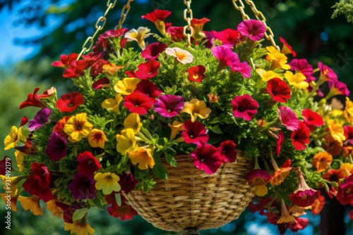 Wallpaper Mural Vibrant blooms of red, yellow, pink, purple, and orange flowers cascade from a woven hanging basket, suspended against a soft, serene blue background. Torontodigital.ca
