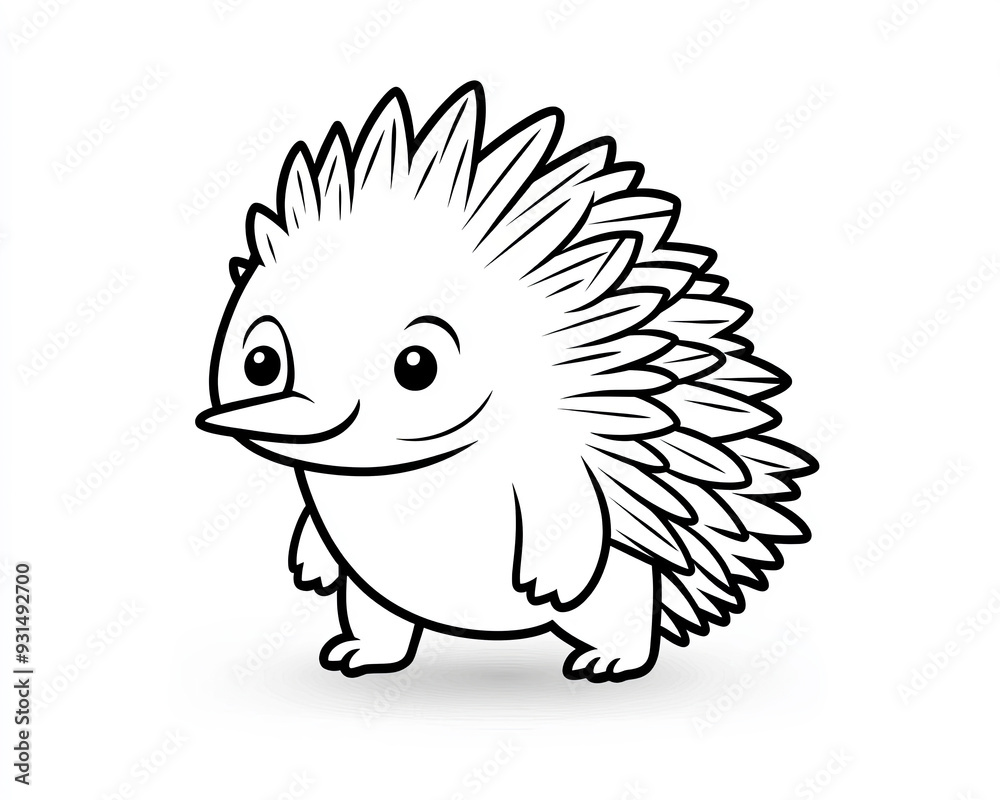 Cute kawaii echidna in minimalist style for children's coloring book on white background, perfect for fun educational activities
