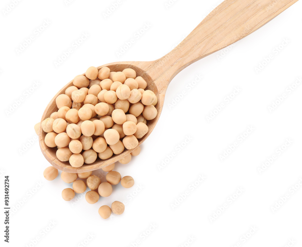 Spoon with dried peas isolated on white, top view