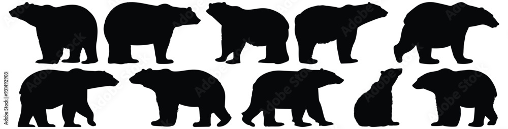 Polar bear silhouettes set, bear pack of vector silhouette design, isolated background Polar bear silhouettes set, bear pack of vector silhouette design, isolated background