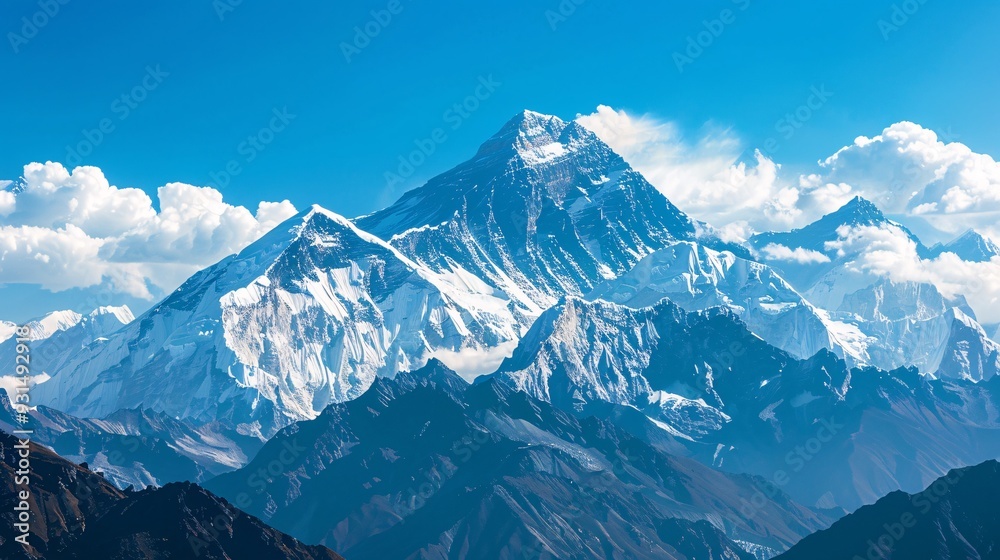Mountains with snow-capped peaks and clear blue skies, a stunning natural landscape Mountains with snow-capped peaks and clear blue skies, a stunning natural landscape