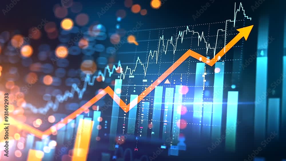 Abstract financial background with stock market graphs and an upward arrow, symbolizing business growth