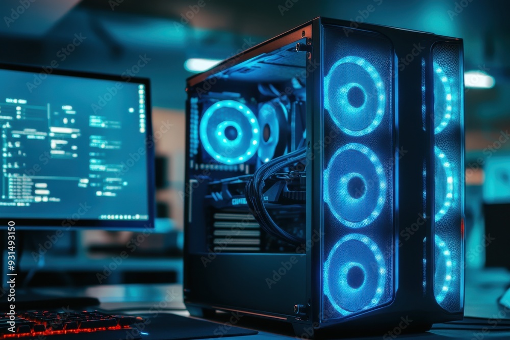 High-End Gaming Computer with Blue LED Lights High-End Gaming Computer with Blue LED Lights
