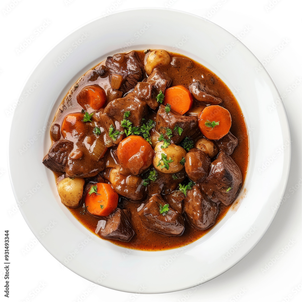 Top view of beef bourguignon in a white bowl, classic French cuisine Top view of beef bourguignon in a white bowl, classic French cuisine
