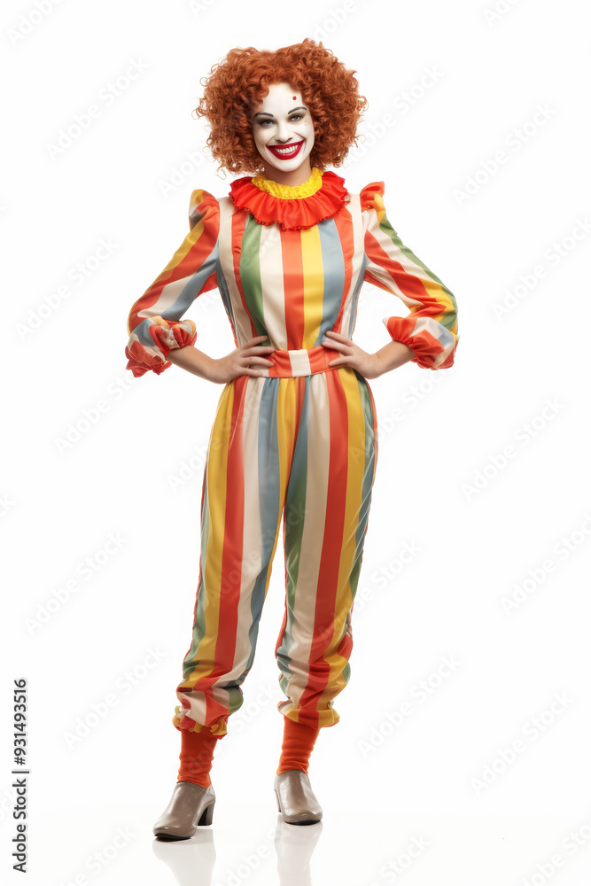 Full body shot of friendly female clown in colorful striped costume on white background Full body shot of friendly female clown in colorful striped costume on white background