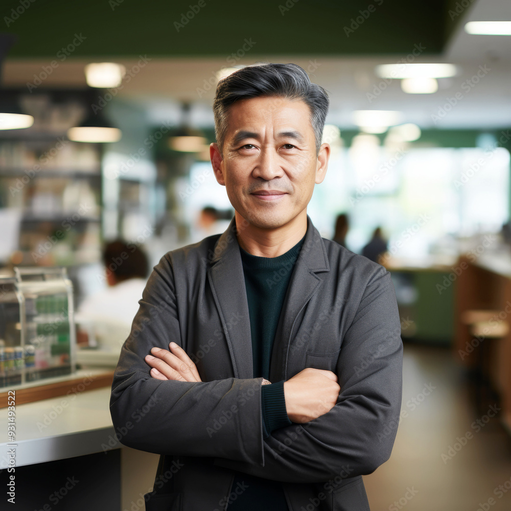 Fototapeta premium Confident Asian businessman with top knot in modern office environment