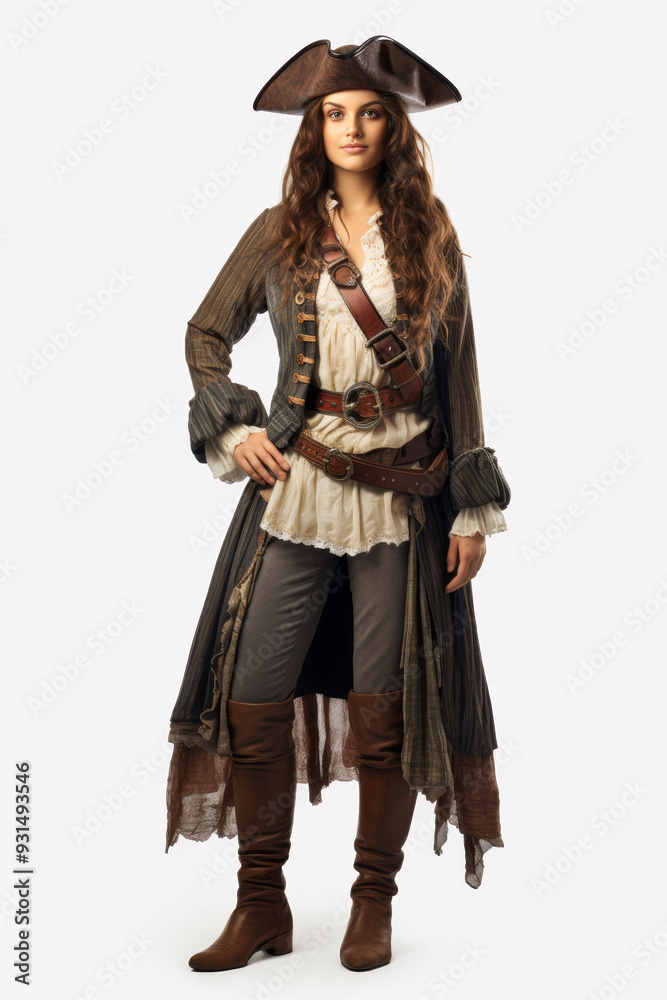 Friendly female pirate in full costume standing confidently in a studio shot Friendly female pirate in full costume standing confidently in a studio shot