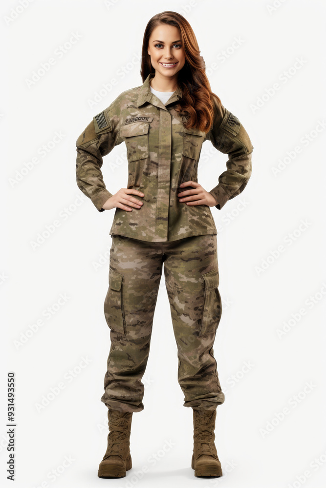 Friendly female military soldier in uniform with hands on hips standing confidently Friendly female military soldier in uniform with hands on hips standing confidently