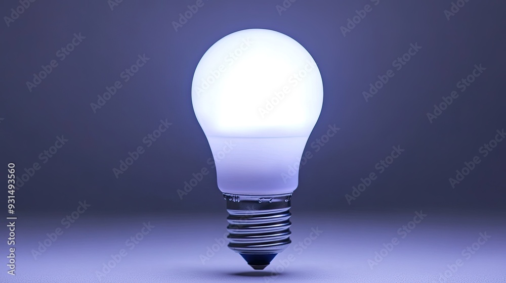 Glowing LED bulb, sharply focused close-up, with a neutral background, representing energy efficiency and innovation Glowing LED bulb, sharply focused close-up, with a neutral background, representing energy efficiency and innovation