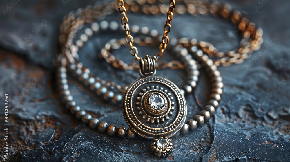 Metal chain with pendants on grey table closeup Luxury jewelry : Generative AI Metal chain with pendants on grey table closeup Luxury jewelry : Generative AI