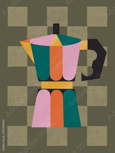 Color illustration of a geyser coffee maker on a checkered background