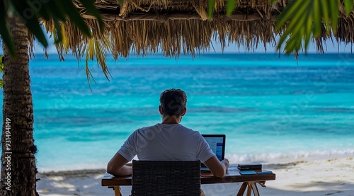 Wallpaper Mural Remote Work Paradise, Freelancer with Laptop at Tropical Beach Hut Torontodigital.ca